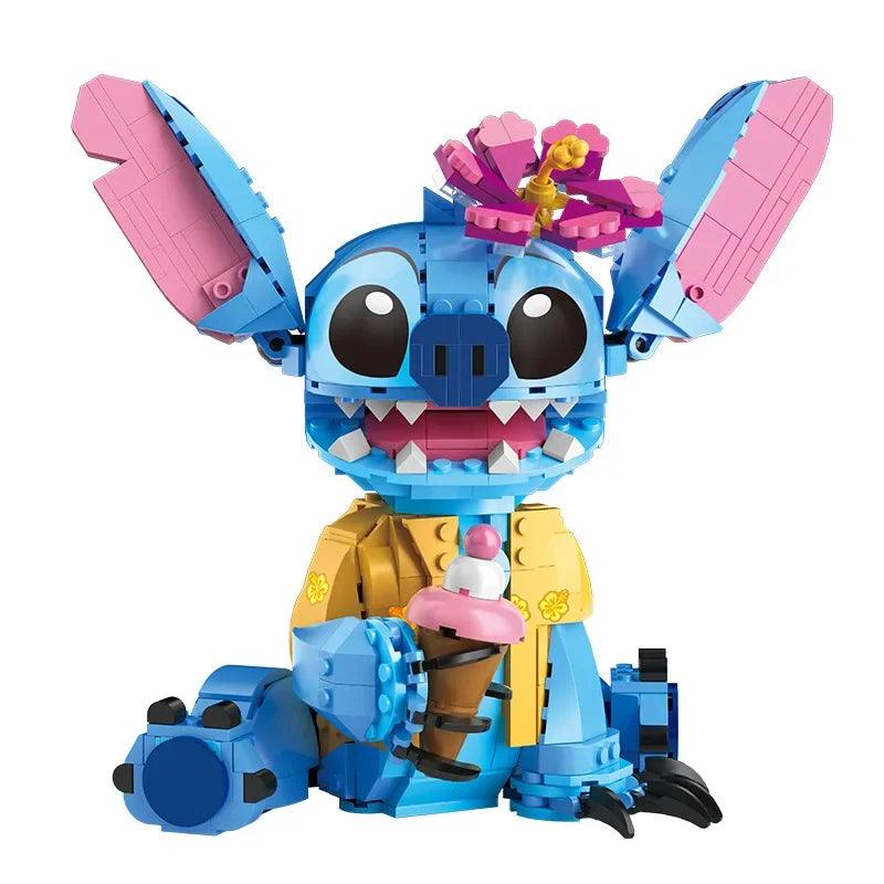 Blocos de construção Stitch com camisa havaiana, flor e um cone de gelado - Universo Mix