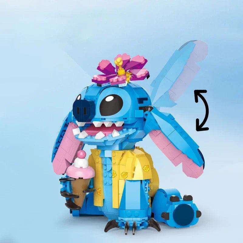 Blocos de construção Stitch com camisa havaiana, flor e um cone de gelado - Universo Mix