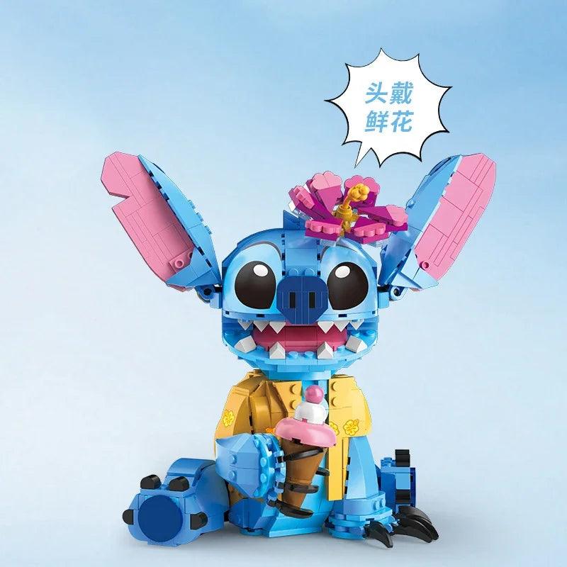 Blocos de construção Stitch com camisa havaiana, flor e um cone de gelado - Universo Mix